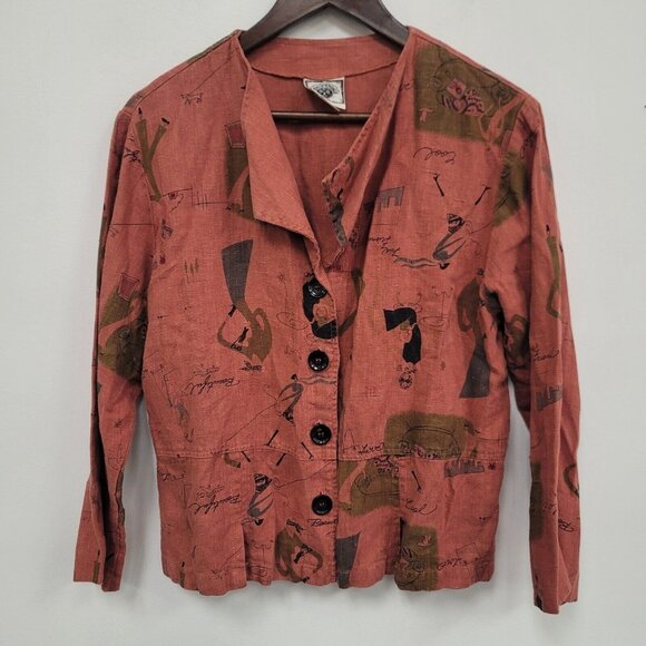 Vintage Tom Tom Womens Linen Button Up Jacket Size M Red Artsy Abstract Indie - Picture 1 of 10
